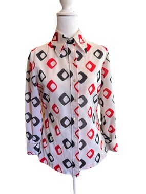 Vintage Geometric Print Button-Up Blouse in White, Red & Black